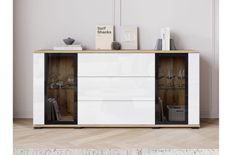 Gamal Skänk 150x40 cm i Mörkt Trä med Glasdörrar, Brun|Vit