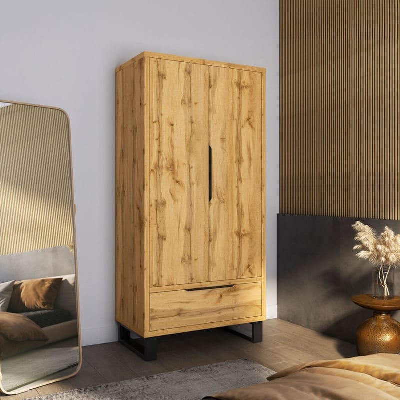 Halle Garderob 99 cm med 2 Dörrar och 1 Låda i Ek - Beige - Förvaring - Klädförvaring - Garderob & garderobssystem