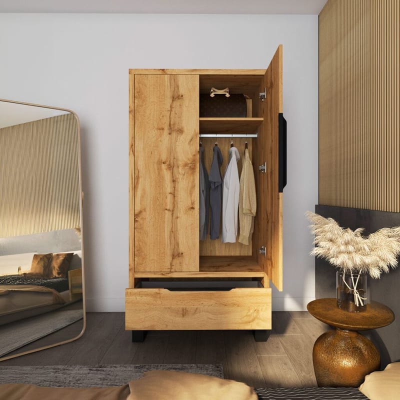 Halle Garderob 99 cm med 2 Dörrar och 1 Låda i Ek - Beige - Förvaring - Klädförvaring - Garderob & garderobssystem