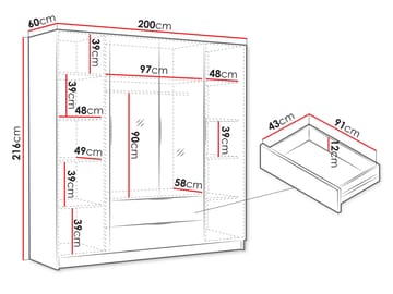 Kelros Garderob med Spegel 200x216 cm - Svart - Förvaring - Klädförvaring - Garderob & garderobssystem