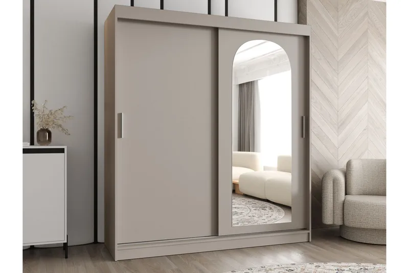 Tallmo Garderob med Spegel 180x200 cm i Målat Trä - Beige - Förvaring - Klädförvaring - Garderob & garderobssystem