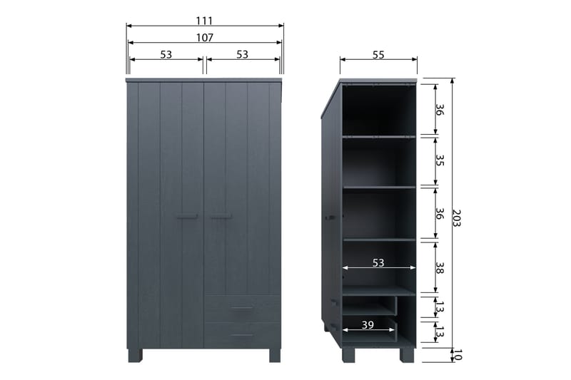 Tenney Garderob med 2 Lådor 111 cm - Stålgrå Tall - Förvaring - Klädförvaring - Garderob & garderobssystem