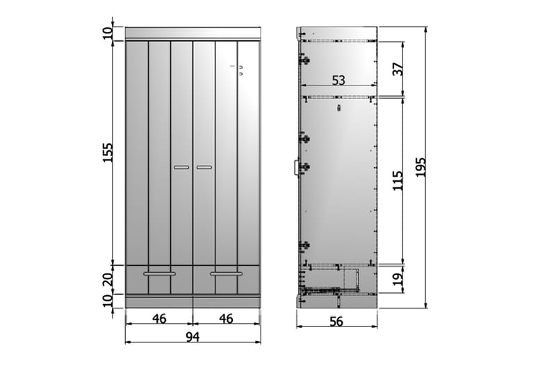 Varius Garderob 195 cm 2 Dörrar 2 Lådor - Vit Tall - Förvaring - Klädförvaring - Garderob & garderobssystem