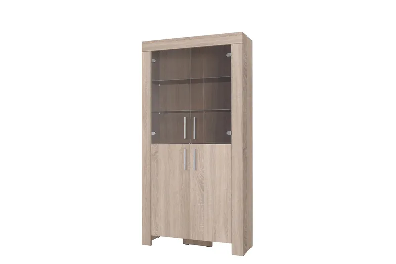 Cezar Vitrinskåp Vit LED Belysning 43 cm djup 100 cm bred 201 cm hög Ljust Trä Ek Glas, Beige/Grå