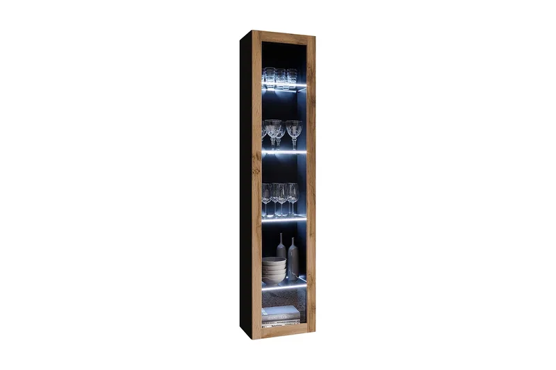 Veria Smalt Vitrinskåp Vit LED Belysning 30 cm djup 40 cm bred 180 cm hög Mörkt Trä Glas, Natur/Svart