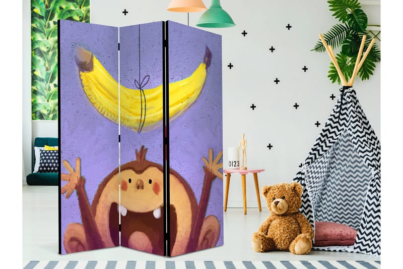 Kadira Fällbar Rumsavdelare 135x172 cm med Apa och Banan i Tyg - Brun|Lila|Gul - Inredning - Rumsavdelare - Vikskärm