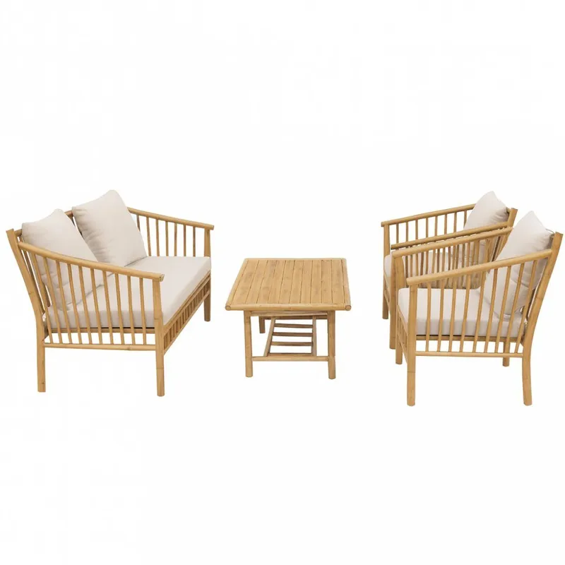 Loungegrupp Bambu loungegrupp utomhus | Soffa, 2 fåtöljer & bord i naturmaterial Brun