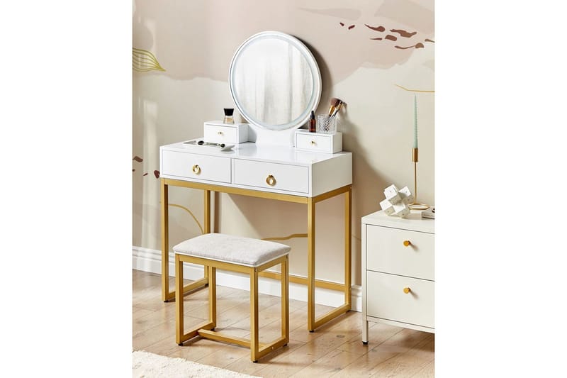 Auxon Sminkbord med Spegel och Belysning i Trä med Metallben - Vit|Beige - Möbler - Bord & matgrupper - Sminkbord & toalettbord