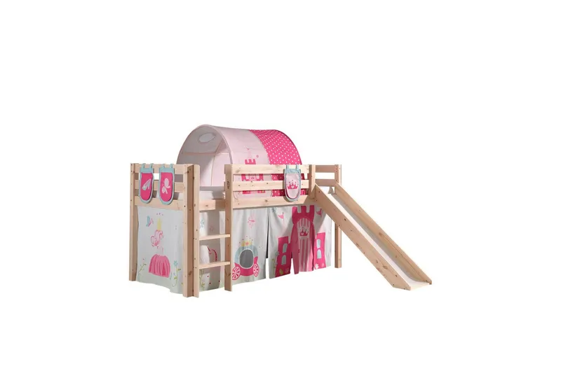 Halvhöjdssäng med gardin Pino Princess Naturlig, Naturlig, Med rutschkana, Prinsessa, 3, Naturlig, Naturlig, Med rutschkana, Prinsessa, 3