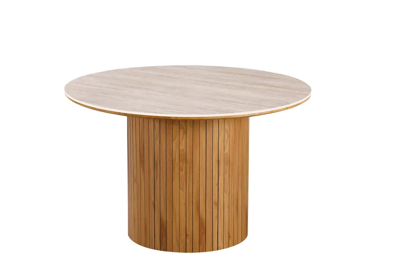 Arvo Runt Matbord 120 cm i Travertin med Pelarfot i Ekutseende, Beige