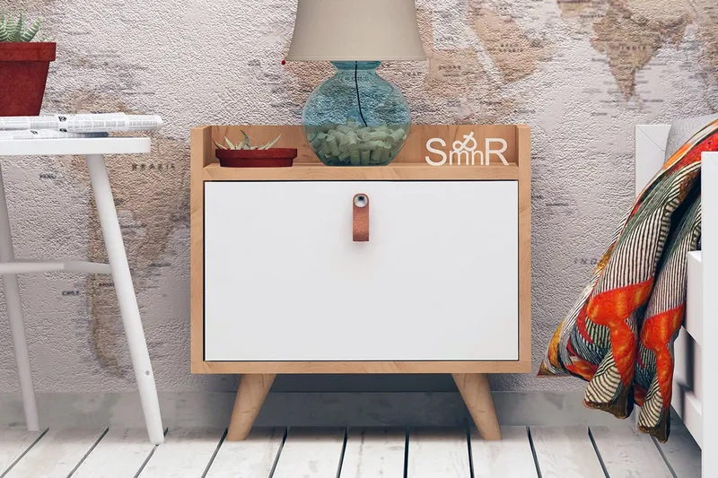 Mod Design Sängbord 50 cm med Förvaring Skåp Läderbeslag, Trä/Vit