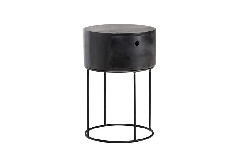 Sängbord Wohnling rund, massivt trä med 1 låda i modern stil Svart, Svart