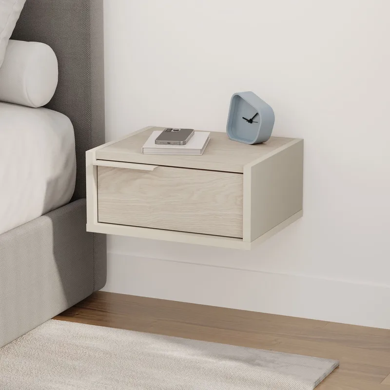 Silena Vägghängt Sängbord 40 cm med Trä- och Ekutseende, Förvaring med Låda - Beige - Möbler - Bord & matgrupper - Avlastningsbord - Sängbord & nattduksbord