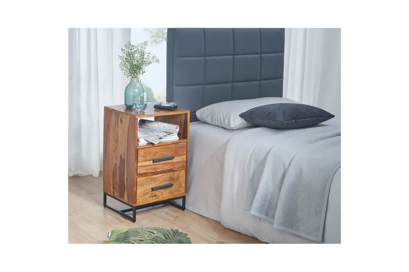 Wohnling Sängbord 35 cm i Massivt Sheeshamträ med Valnötsutseende, Förvaring med 2 Lådor och Hylla - Brun - Möbler - Bord & matgrupper - Avlastningsbord - Sängbord & nattduksbord