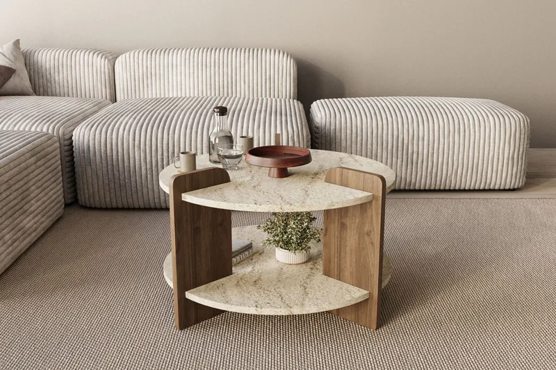 Cindral Soffbord 70 cm Rund, Travertin Och Valnöt