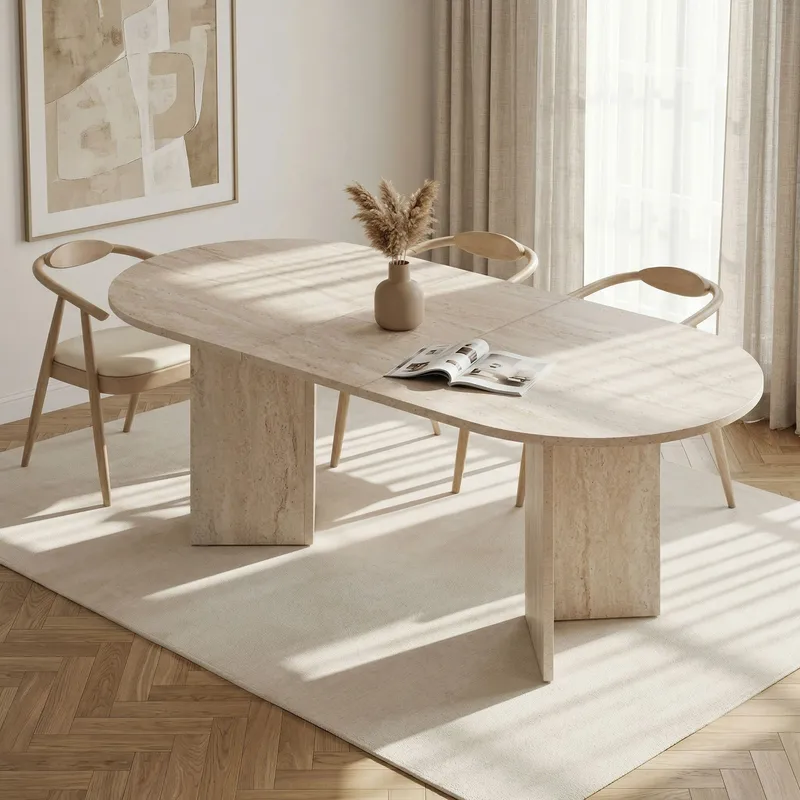 Dano Förlängningsbart Ovalt Matbord 160-200x90 cm med Travertinutseende - Beige - Möbler - Bord & matgrupper - Matbord & köksbord