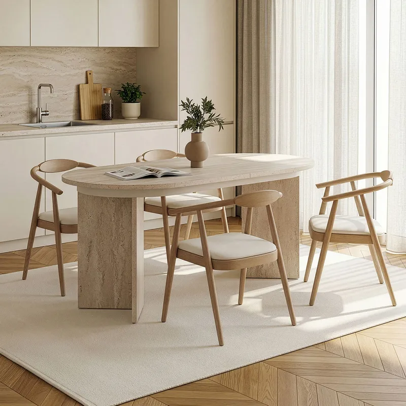 Dano Förlängningsbart Ovalt Matbord 160-200x90 cm med Travertinutseende - Beige - Möbler - Bord & matgrupper - Matbord & köksbord