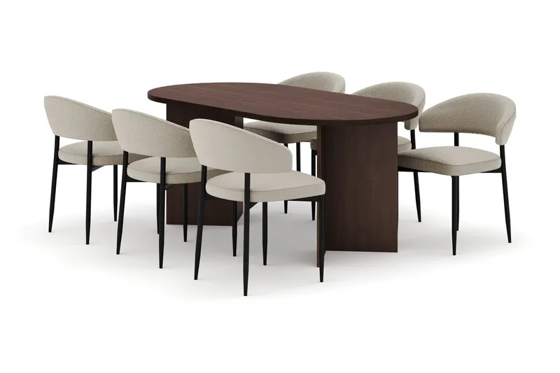 Dano Matbord 180 cm  med 6 Sawako Matstolar, Valnöt / Beige