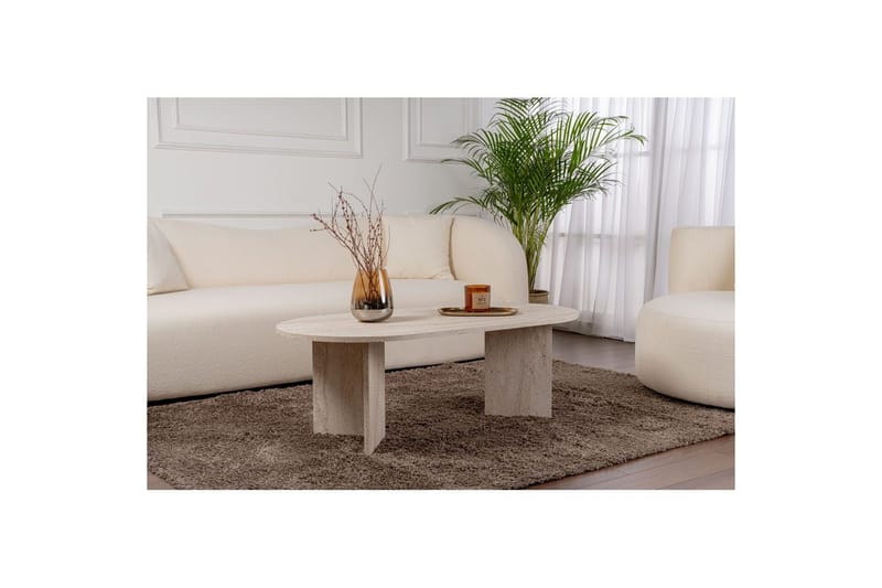 Hasina Ovalt Soffbord 119x60 cm med Travertinutseende - Vit - Möbler - Bord & matgrupper - Soffbord