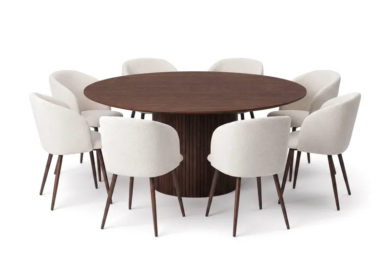Kopparbo Matgrupp runt 180 cm Valnöt med 8 Greya Matstolar, Valnöt