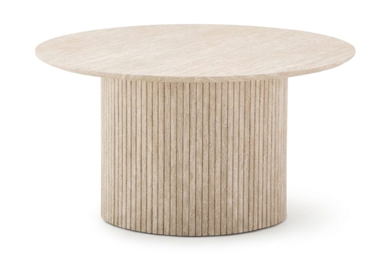 Kopparbo Runt Soffbord 85 cm med Travertinutseende, Ribbad Pelarfot och Tunn Bordsskiva, Beige
