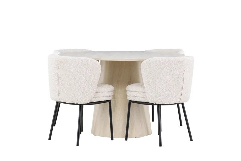 Lanzo Matgrupp 120 cm Rund med 4 Agnes stolar, Whitewash/Vit