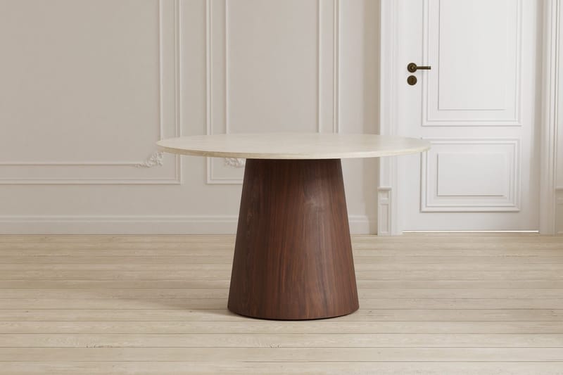 Lanzo Runt Matbord 120 cm i Trä med Valnöts- och Travertinutseende, Beige