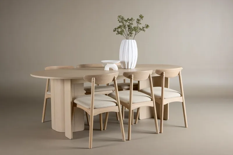 Rektangulär Matgrupp Tyresö 220 cm med 6 Ven Stolar, Natur/whitewash