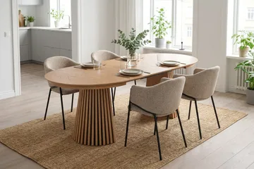 Peyra Rund Utdragbar Matgrupp 120-220 cm – Matbord med 4 Filip Matstolar i Trä med Ekutseende - Natur|Taupe - Möbler - Bord & matgrupper - Matgrupper