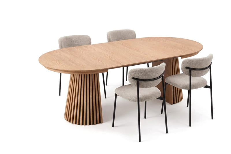 Peyra Rund Utdragbar Matgrupp 120-220 cm – Matbord med 4 Lucy Matstolar i Trä med Ekutseende - Natur|Greige - Möbler - Bord & matgrupper - Matgrupper