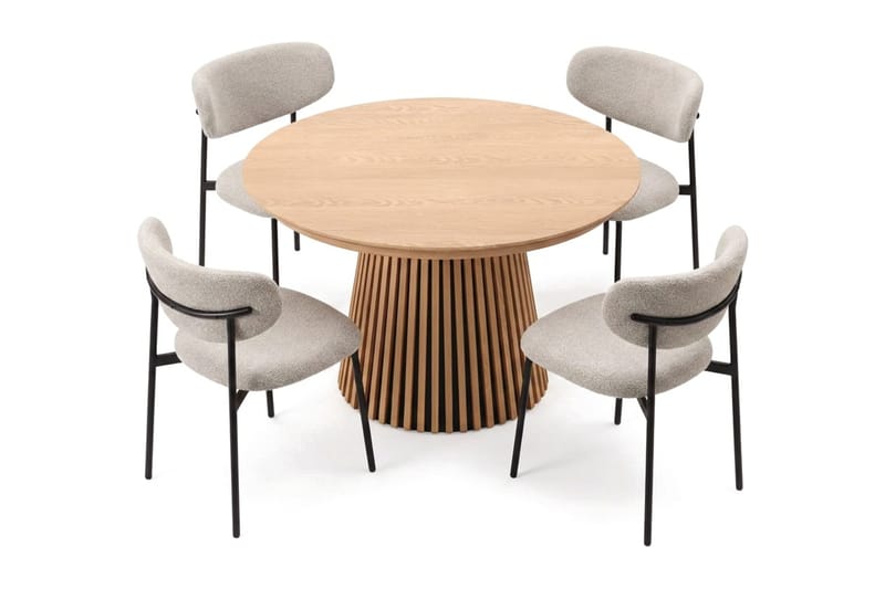Peyra Rund Utdragbar Matgrupp 120-220 cm – Matbord med 4 Lucy Matstolar i Trä med Ekutseende - Natur|Greige - Möbler - Bord & matgrupper - Matgrupper