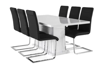 Ratliff Matgrupp 180 cm + 6 Stolar Förlängningsbart med illäggsskiva - Vit/Svart Pu/Krom - Möbler - Bord & matgrupper - Matgrupper