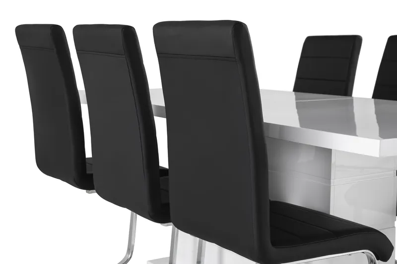Ratliff Matgrupp 180 cm + 6 Stolar Förlängningsbart med illäggsskiva - Vit/Svart Pu/Krom - Möbler - Bord & matgrupper - Matgrupper