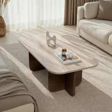 Salrin Rektangulärt Soffbord 120x60 cm med Travertin- och Valnötsutseende - Beige - Möbler - Bord & matgrupper - Soffbord