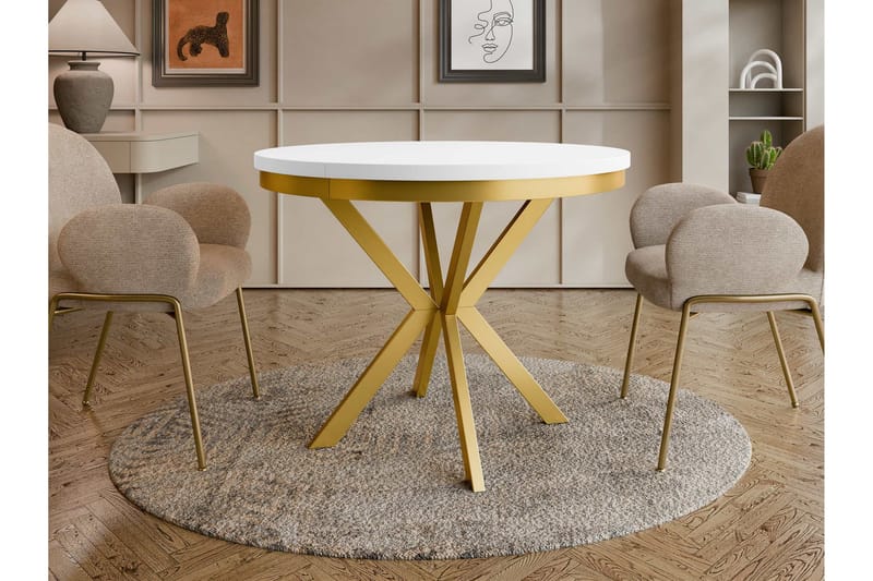 Sereth Litet Runt Matbord 90 cm med Träutseende - Vit / Guld - Möbler - Bord & matgrupper - Matbord & köksbord