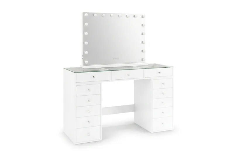 Glow Sminkbord 120 cm med Glasskiva Förvaring och Lådor samt Spegel 80 cm med Belysning - Vit - Möbler - Bord & matgrupper - Sminkbord & toalettbord