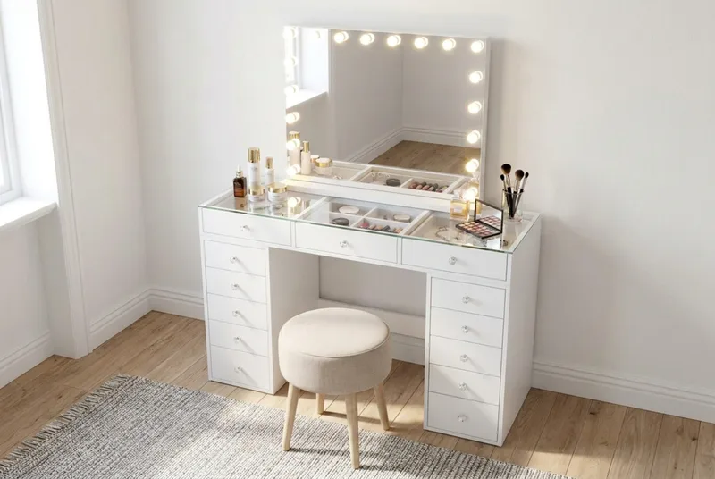 Glow Sminkbord 120 cm med Glasskiva Förvaring och Lådor samt Spegel 80 cm med Belysning - Vit - Möbler - Bord & matgrupper - Sminkbord & toalettbord