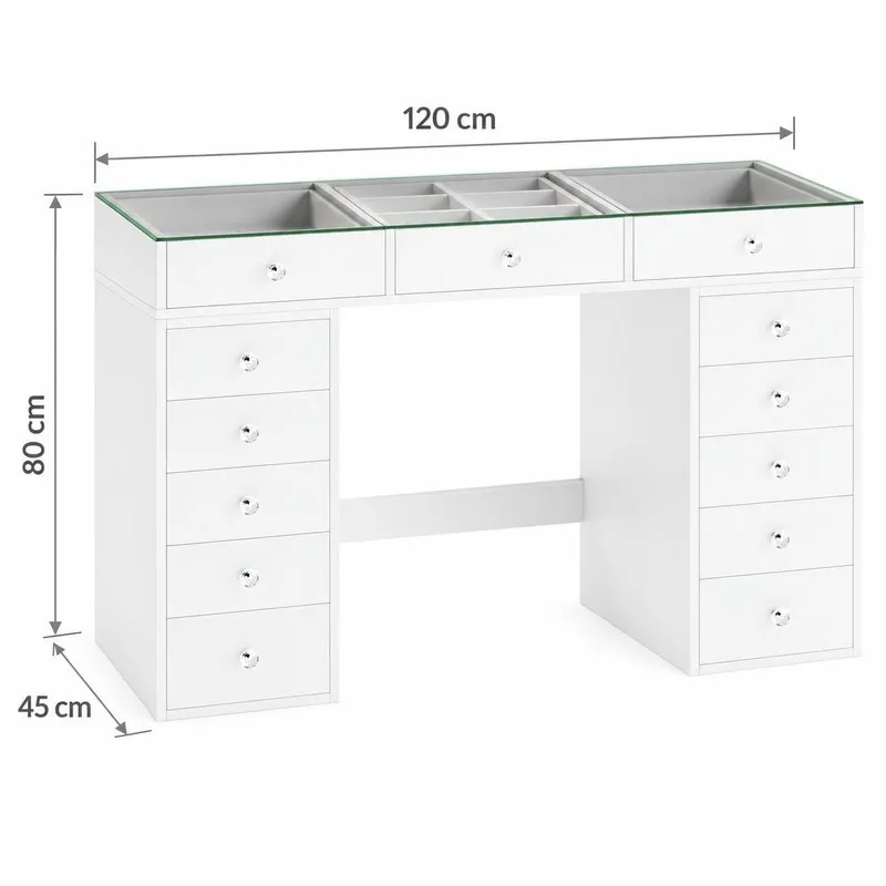 Glow Sminkbord 120 cm med Glasskiva Förvaring och Lådor samt Spegel 80 cm med Belysning - Vit - Möbler - Bord & matgrupper - Sminkbord & toalettbord