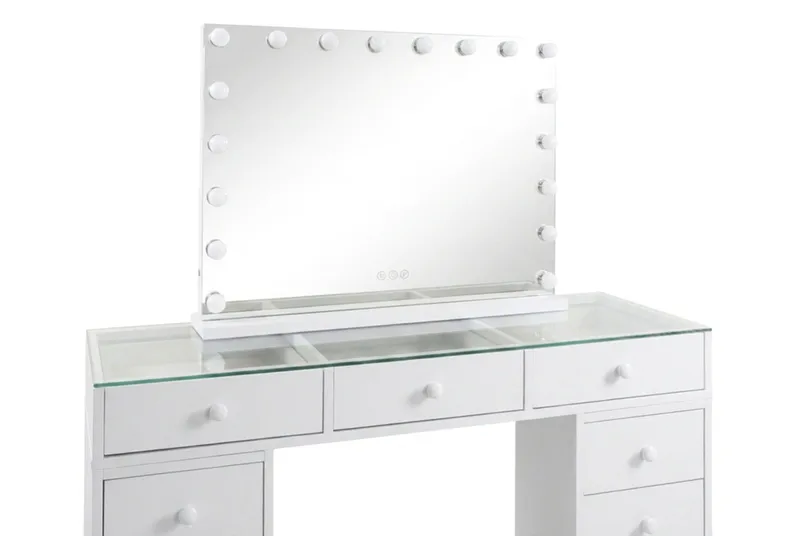 Glow Sminkbord 120 cm med Glasskiva Förvaring och Lådor samt Spegel 80 cm med Belysning - Vit - Möbler - Bord & matgrupper - Sminkbord & toalettbord