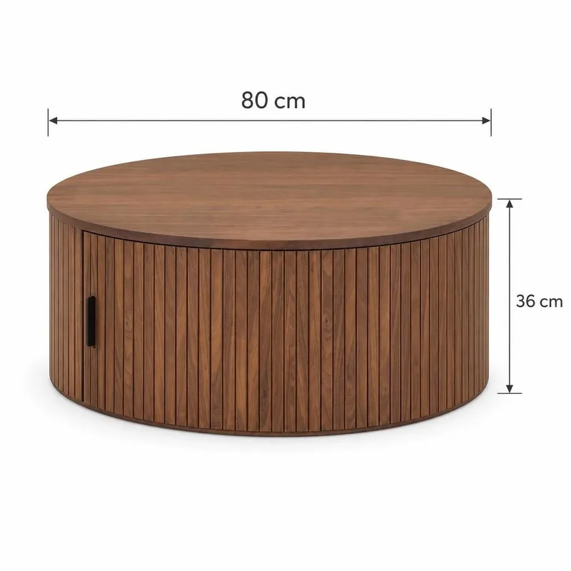 Noira Runt Soffbord 80 cm i Trä med Valnötsutseende och Ribbade Lådor - Brun - Möbler - Bord & matgrupper - Soffbord
