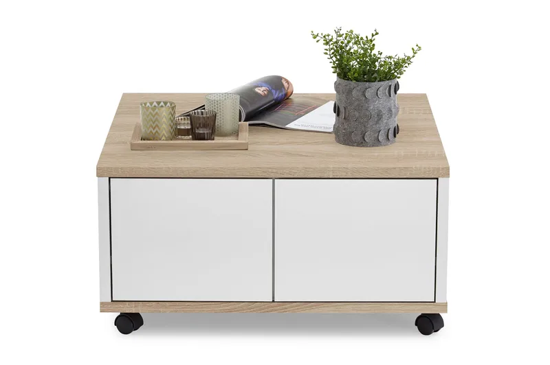 Twin Soffbord 70 cm med Förvaring Lådor på Hjul, Vit/Ljus Ekfärg