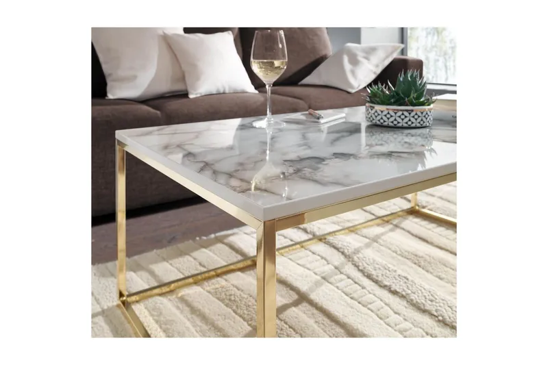 Soffbord Wohnling marmorutseende, rektangulär elegant, modern stil Guld, Marmorvit - Guld, Marmorvit - Möbler - Bord & matgrupper - Soffbord