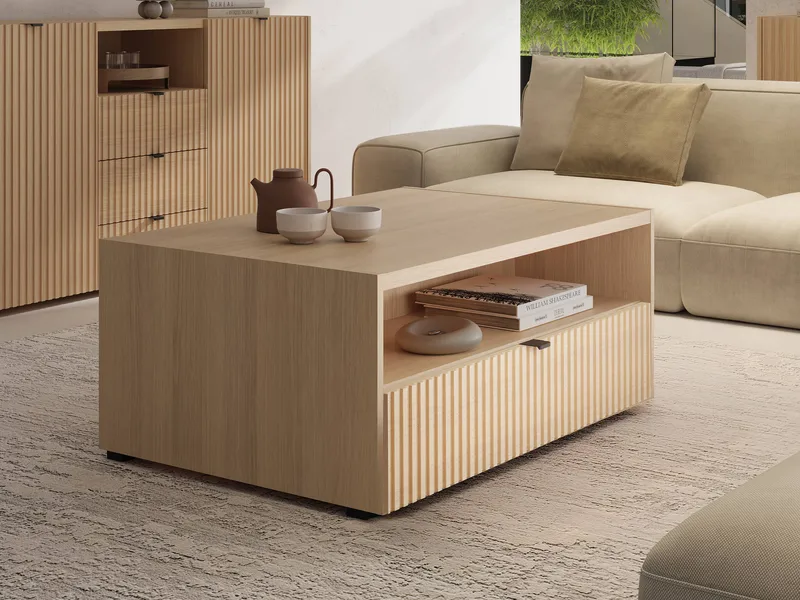 Sovren 100 cm Rektangulärt Soffbord med Lådor i Trä - Beige - Möbler - Bord & matgrupper - Soffbord