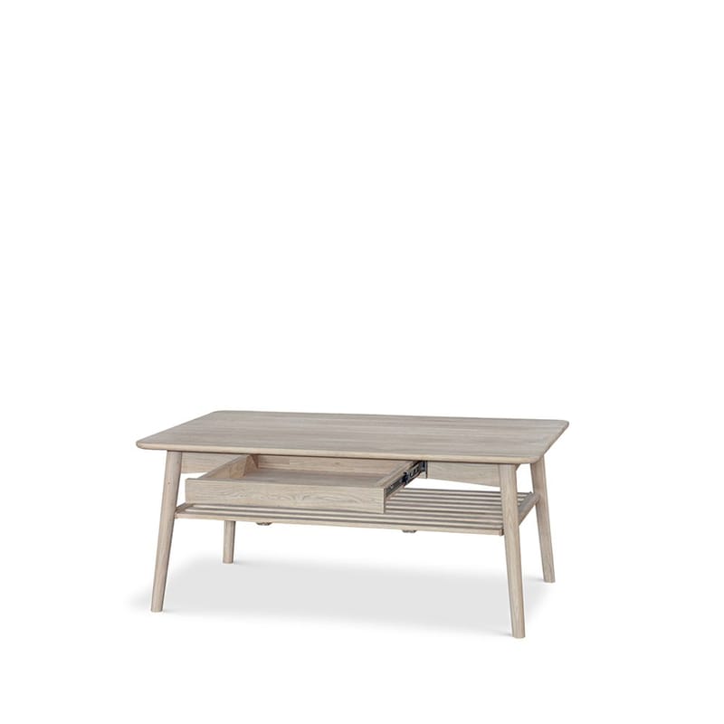 Torsby 120 cm Rektangulärt Soffbord med Låda och Hylla i Massivt Trä, Beige