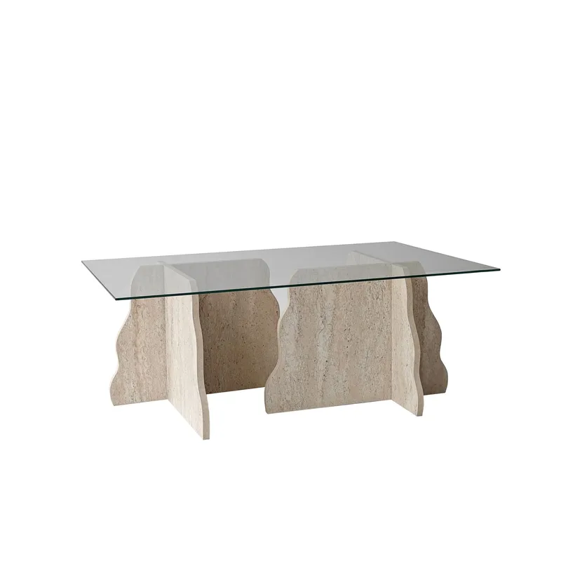 Zevric Soffbord 65x105 cm Rektangulär Glas, Travertin Och Transparent