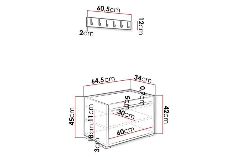 Grawis Sittbänk med 6-pack Väggdekoration 60x30 cm - Vit - Möbler - Hallmöbler - Möbelset för hall & entre