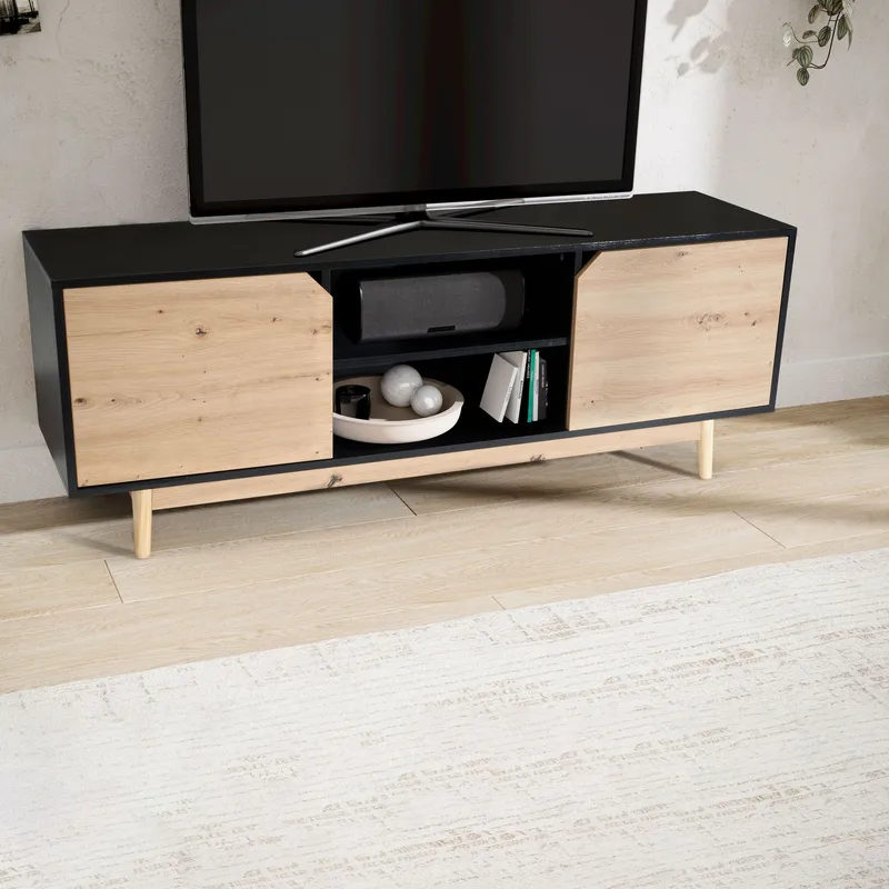 Alaro TV-bänk 150 cm - Svart med ekfärgade fronter/ben - Möbler - Tv möbel & mediamöbel - TV bänk & mediabänk