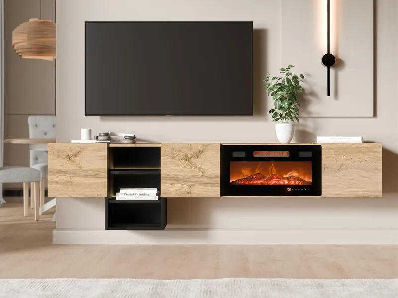 Cereth Tv-bänk 200 cm Eldstad med v ärmefunktion - Ljusbrun|svart - Möbler - Tv möbel & mediamöbel - TV bänk & mediabänk