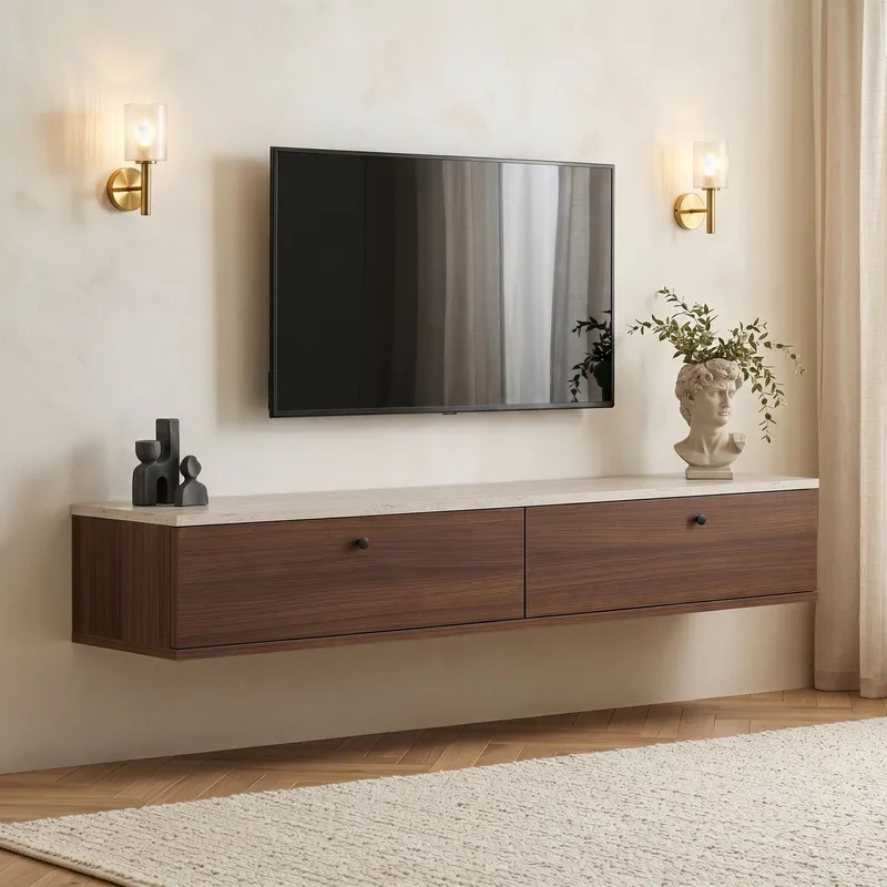 Dovren TV-bänk 160x25x25 cm, Travertin och valnöt