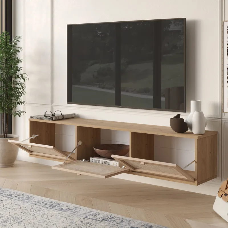 Dune Vägghängd TV Bänk 180 cm med Förvaring i Trä med Rottingdetaljer - Beige - Möbler - Tv möbel & mediamöbel - TV bänk & mediabänk